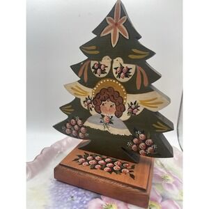 Vintage Hand Painted Wooden Carved Folk Art Christmas Tree‎ Cottage Core Grandma